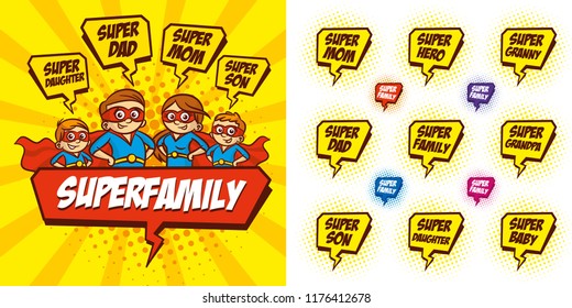 Superhero Family Cartoon Character Bubble Speech Vector Illustration