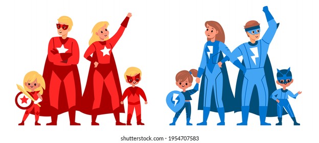Superhero family. Children and parents in heroes red and blue suits and capes, standing together powerful team. Super mother and father, son and daughter. Strong man, woman and kids vector concept