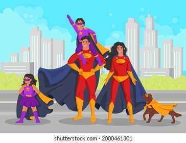 Superhero family, flat vector illustration. Happy smiling mom, dad, cute children and pet dog wearing cape, masks, superhero costumes, cityscape background.