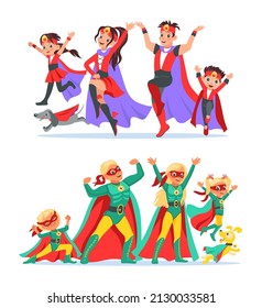 Superhero family. Parents, children and pet in colorful costumes. Cheerful defenders set. People posing in masks and capes. Dads or moms with superpower. Boys, girls and