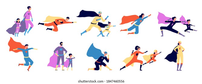 Superhero Family. Parents Kids In Costume, Strong Super Man Characters. Isolated Heroes Father Mother, Utter Cartoon Power People Vector Set