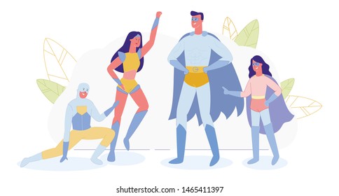 Superhero Family, Parents and Kids in Super Hero Costumes Isolated on White Background. Mother, Father, Daughter and Son, Wonder Mom, Super Dad and Children Heroes. Cartoon Flat Vector Illustration