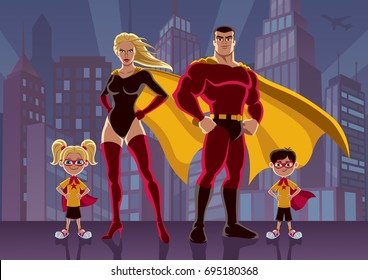 Superhero family posing in front of cityscape at night.