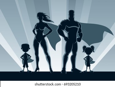 Superhero family posing in front of lights. 