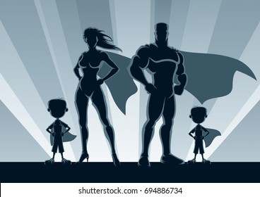 Superhero family posing in front of lights. 