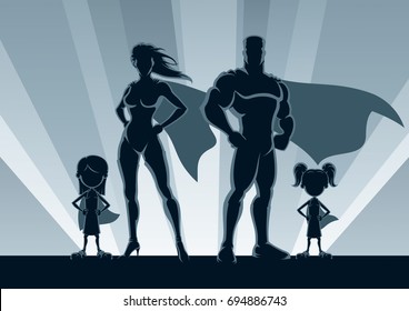 Superhero Family Posing In Front Of Lights. 