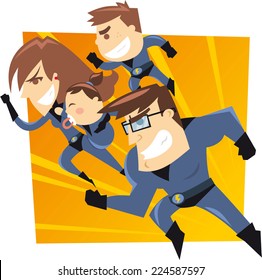 Superhero Family Running To The Rescue. Four Members Heroes Family, With Blue Suits Vector Illustration. 