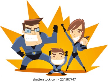 Superhero Family Team Ready To Work Vector Illustration. 