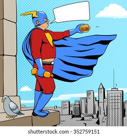 Superhero fat man with burger cartoon pop art retro style vector illustration. Comic book style imitation