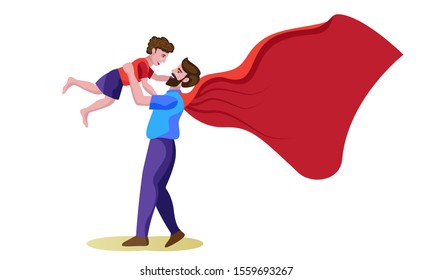 superhero father with cape lifting son vector illustration