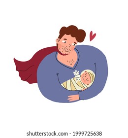 Superhero father carefully holds and hugs his little baby and looks on child with love and smile. Vector illustration. Hand-drawn characters.
