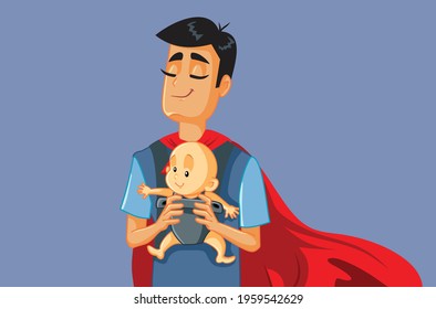 Superhero Father Holding Baby in Carrier Vector Illustration. Dad with superpowers wearing cape and mask carrying his child 
