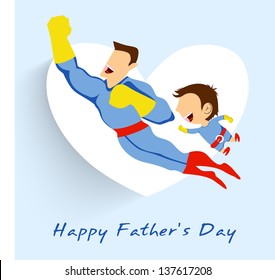 Superhero father and son flying up on white heart shape blue background for Happy Fathers Day.