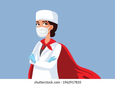 Superhero Female Doctor Wearing a Cape. Brave medical professional being brave and heroic saving lives during health care crisis
