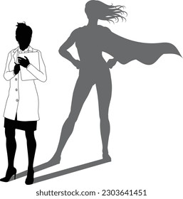 Una científica, ingeniera, doctora o profesora superheroína en una mujer de un blanco de laboratorio. Revelada por su silueta de sombra como una súper heroína en una capa.
