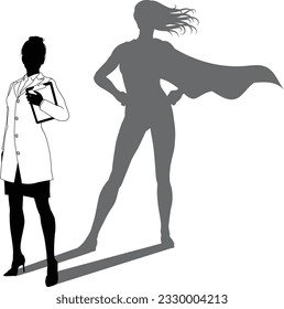 A superhero female scientist, engineer, doctor or teacher in a lab white coat woman. Revealed by her shadow silhouette as a super hero in a cape.
