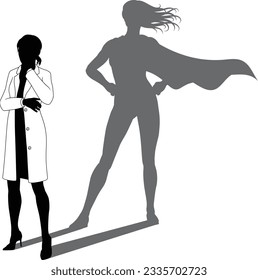 A superhero female scientist, engineer, doctor or teacher in a lab white coat woman. Revealed by her shadow silhouette as a super hero in a cape.
