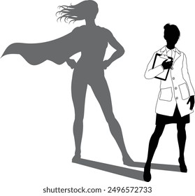 A superhero female scientist, engineer, doctor or teacher in a lab white coat woman. Revealed by her shadow silhouette as a super hero in a cape.