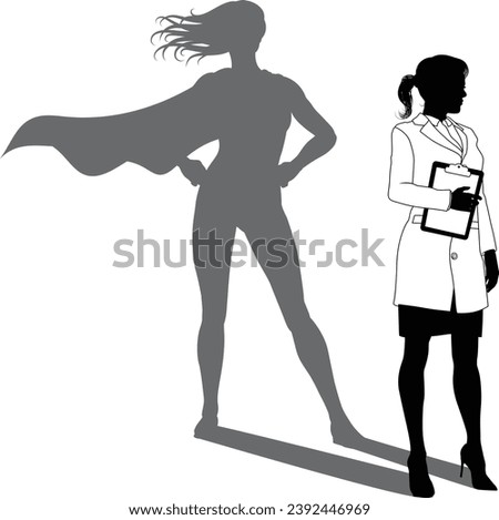 A superhero female scientist, engineer, doctor or teacher in a lab white coat woman. Revealed by her shadow silhouette as a super hero in a cape. ストックフォト © 