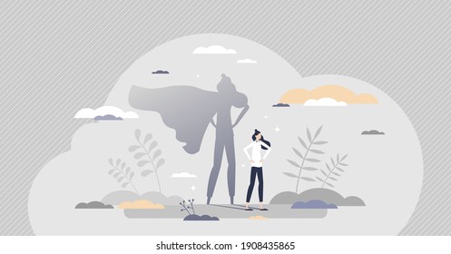 Superhero Female As Strong And Powerful Leader Or Mother Tiny Person Concept. Businesswoman With Hero Cape In Shadow Reflection As Woman With Courage, Confidence, Power Or Ambition Vector Illustration