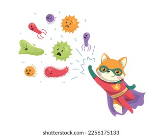 Superhero fight bacteria. Fox in superhero cape and mask takes care of health. Medical poster or banner for website. Prevention and health care. Cartoon flat vector illustration