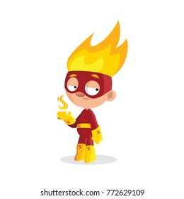 Superhero fire boy character cartoon vector Illustration