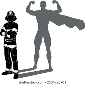 A superhero firefighter fireman man. Revealed by his shadow silhouette as a super hero in a cape.