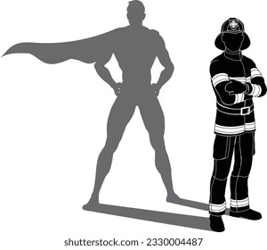 A superhero firefighter fireman man. Revealed by his shadow silhouette as a super hero in a cape.