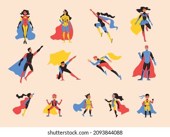 Superhero flat color set of flying adults and children characters dressed in cloaks and masks isolated vector illustration