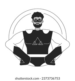 Superhero flat line black white vector character. Powerful man in mask. Hands on waist. Editable outline half body person. Simple cartoon isolated spot illustration for web graphic design