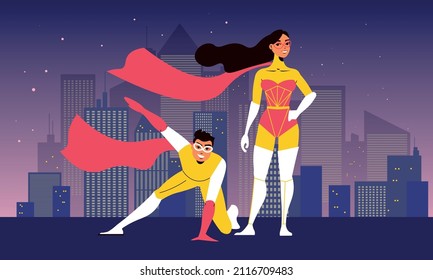 Superhero flat urban composition with man and woman with red fluttering cloaks standing on roof of skyscraper at city building night silhouettes background vector illustration