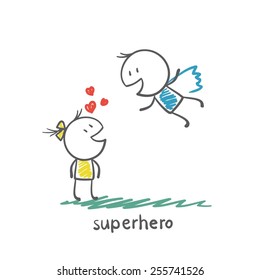 superhero flies to love a girl illustration