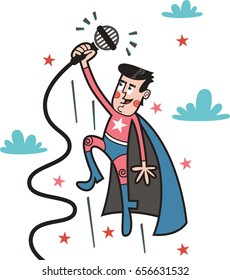 Superhero flies in the sky with a microphone