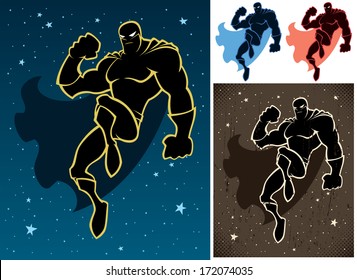 Superhero floating in the sky. Retro version and versions on white background are also included.  No transparency and gradients used.  