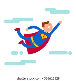 Superhero fly to direct. Cartoon character vector illustration. Flat superhero at the sky. Smile super power man. Super brave and strength  business metaphor. Superhero leadership idea.
