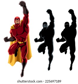 Superhero Flying 2: Flying superhero over white background. 2 additional silhouette versions. No transparency and gradients used.