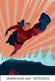 Superhero Flying Above The Water. Strives Height. Vector Illustration