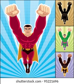 Superhero Flying: Superhero in action. 3 additional versions of the illustration are also included. A4 proportions. No transparency and gradients used.