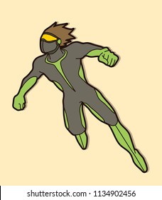 Superhero flying action, Cartoon superhero man jumping graphic vector.