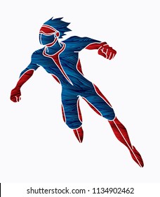 Superhero flying action, Cartoon superhero man jumping graphic vector.