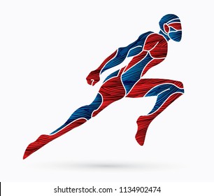 Superhero flying action, Cartoon superhero man jumping graphic vector.