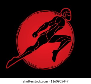 Superhero flying action, Cartoon superhero man jumping graphic vector.