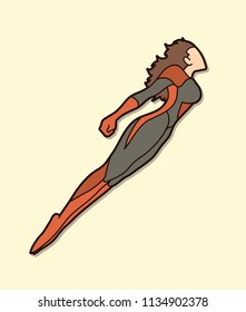 Superhero Flying Action, Cartoon Superhero Woman Jumping Graphic Vector.