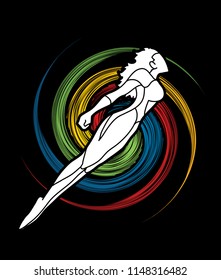 Superhero flying action, Cartoon superhero woman jumping graphic vector.