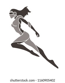 Superhero flying action, Cartoon superhero woman jumping graphic vector.
