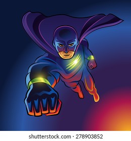 Superhero flying. Superhero in action. Vector Illustration