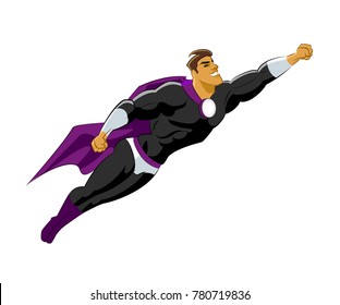Superhero flying. Black violet clothes. Vector illustration
