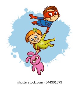 Superhero Flying Boy Rescuer Sticker Vector Illustration