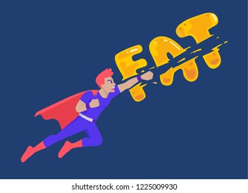 Superhero flying to breaking a fat wording with punching. Concept illustration about exercise reduce fatty.