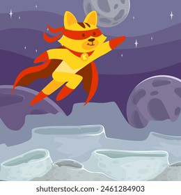 Superhero flying cat in special heroes uniform mask boots and red raincoat flying in space outdoor